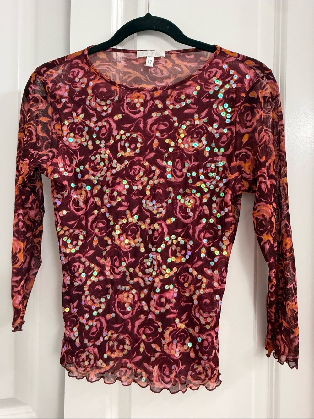 Vintage Y2K Kookai Mesh Burgundy Rose Sequin Long-Sleeve Top Romantic Grunge T2